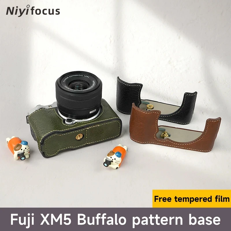 Camera Case for Fujifilm X-M5 Camera Half Case Body Base Buffalo Pattern Fuji X-E5 Leather Bag Protector Bottom Battery Opening