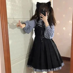 NONSAR Spring Autumn Two-piece Suit Lolita College Style Doll Collar Ruffles Blue Pleated Dress Women Kawaii Black Strap Dress