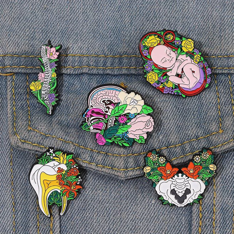 Liver Kidney Pelvis Brain Lung Pines Lapel Badge Jewelry Gift for Friends Floral Organs Enamel  Brooch Fetus Uterus Tooth Rib