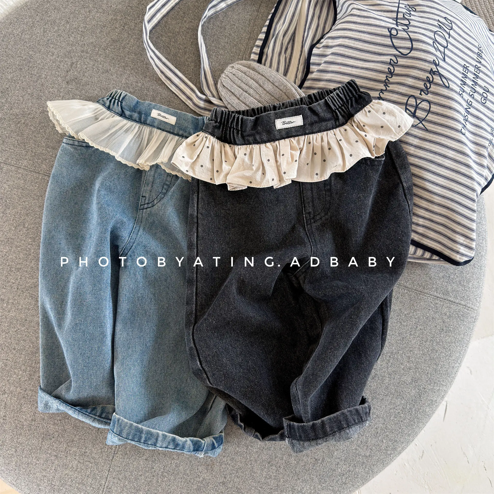 2026 New Autumn Baby Girls Lace Ruffles Jeans Solid Color Children Trousers Toddlers Kids Casual Denim Haren Pants