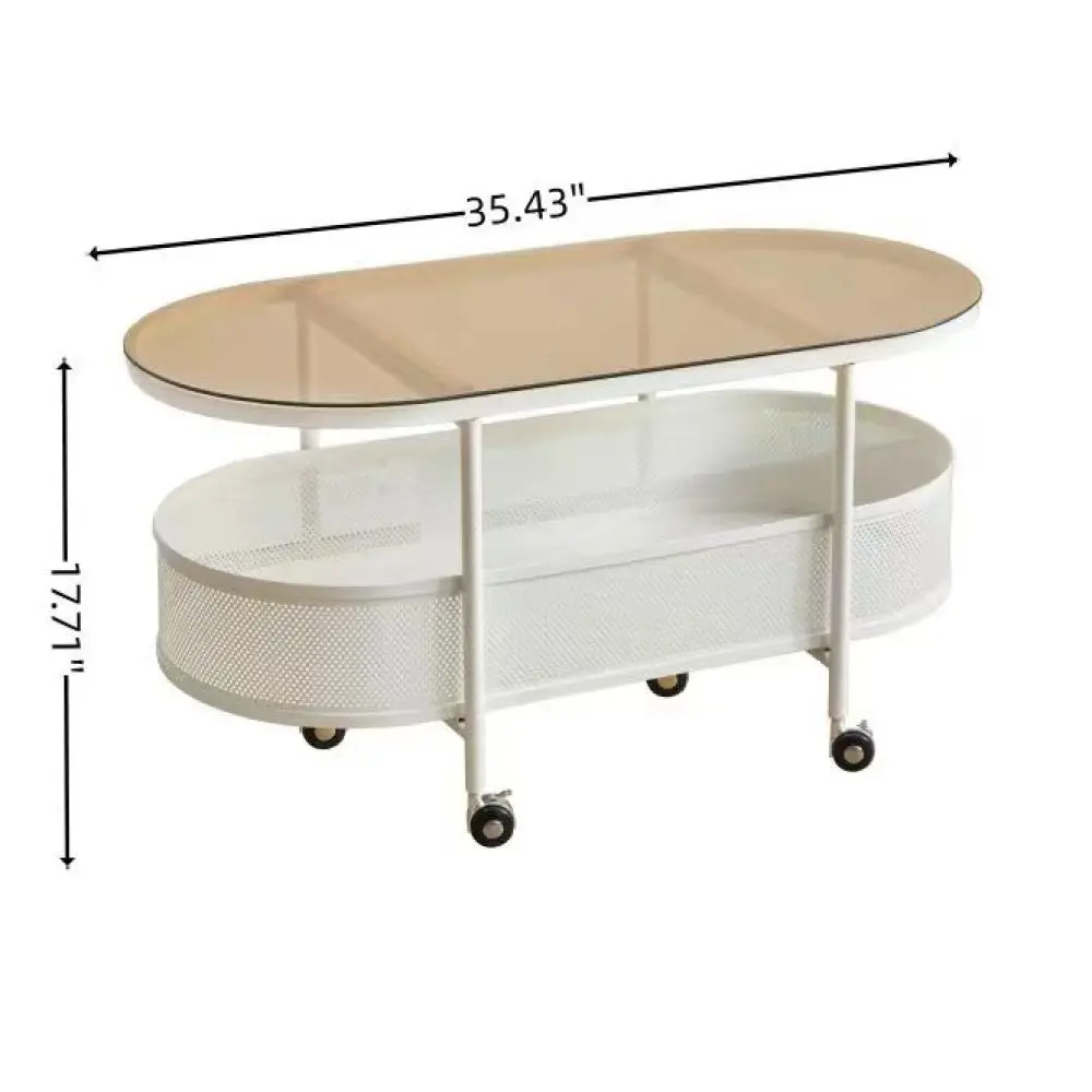 Mesa de centro de vidro de metal oval móvel com mesas de centro de armazenamento Mesa de centro de vidro