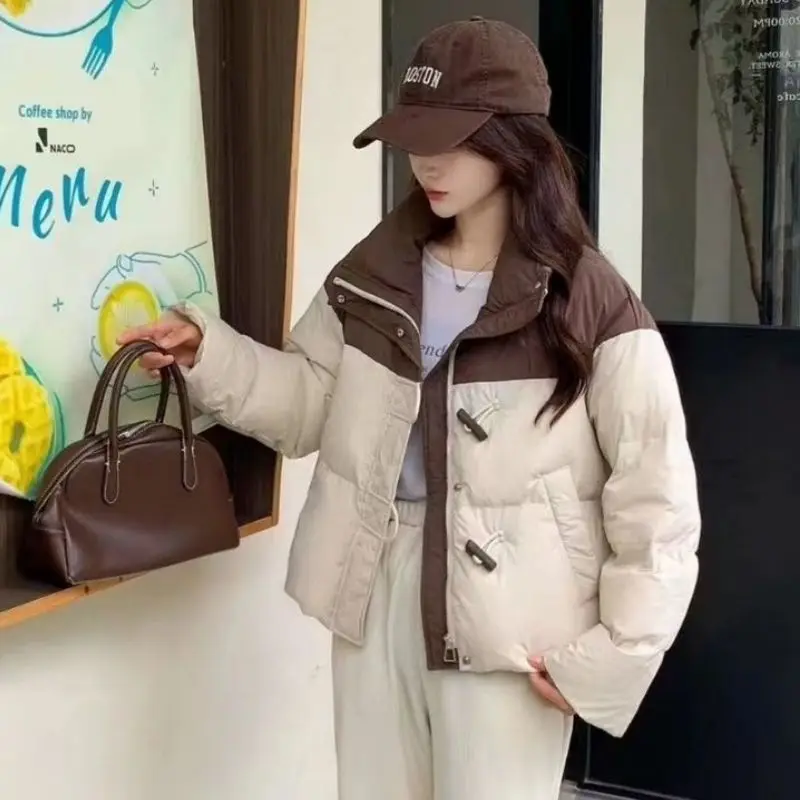 2025 Autumn/Winter New Women's Cotton Jacket Commuter Windproof Splicing Bull Horn Button Short Jacket