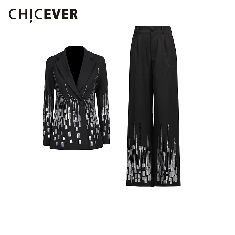 

CHICEVER Solid Spliced Sequins Two Piece Set Female Lapel Long Sleeve Jacket Design Intellectual Women's Trousers Sets Autumn