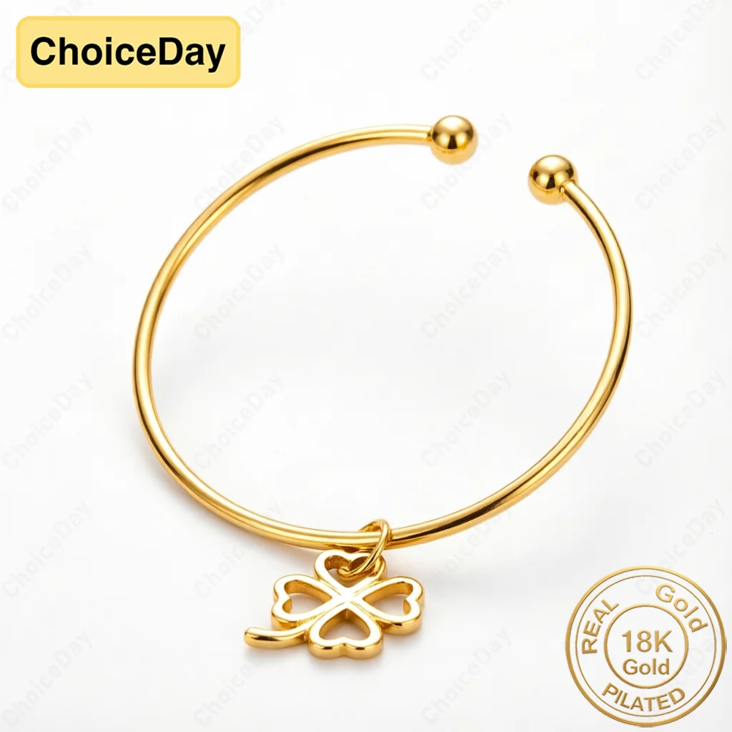 18K Gold Plated Lucky Four-Leaf Clover Open Bangle - Fashionable Party Gift, Elegant Wedding Jewelry
