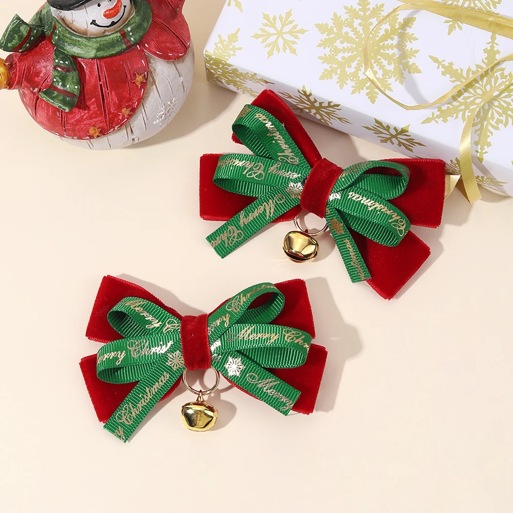 2Pcs Letter “Merry Christmas” Bow Hair Clip Exquisite Velvet Bow Bell Pendant Hair Accessories For Girls Xmas Party Hairpin Gift