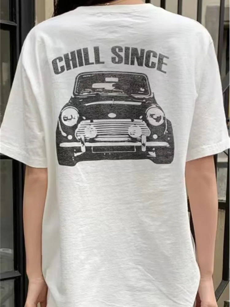 

Casual Women Cotton Car Print Loose Tees Casual Summer Round Neck Oversized Short Sleeve T-shirts Female Streetwear Vintage Tops
