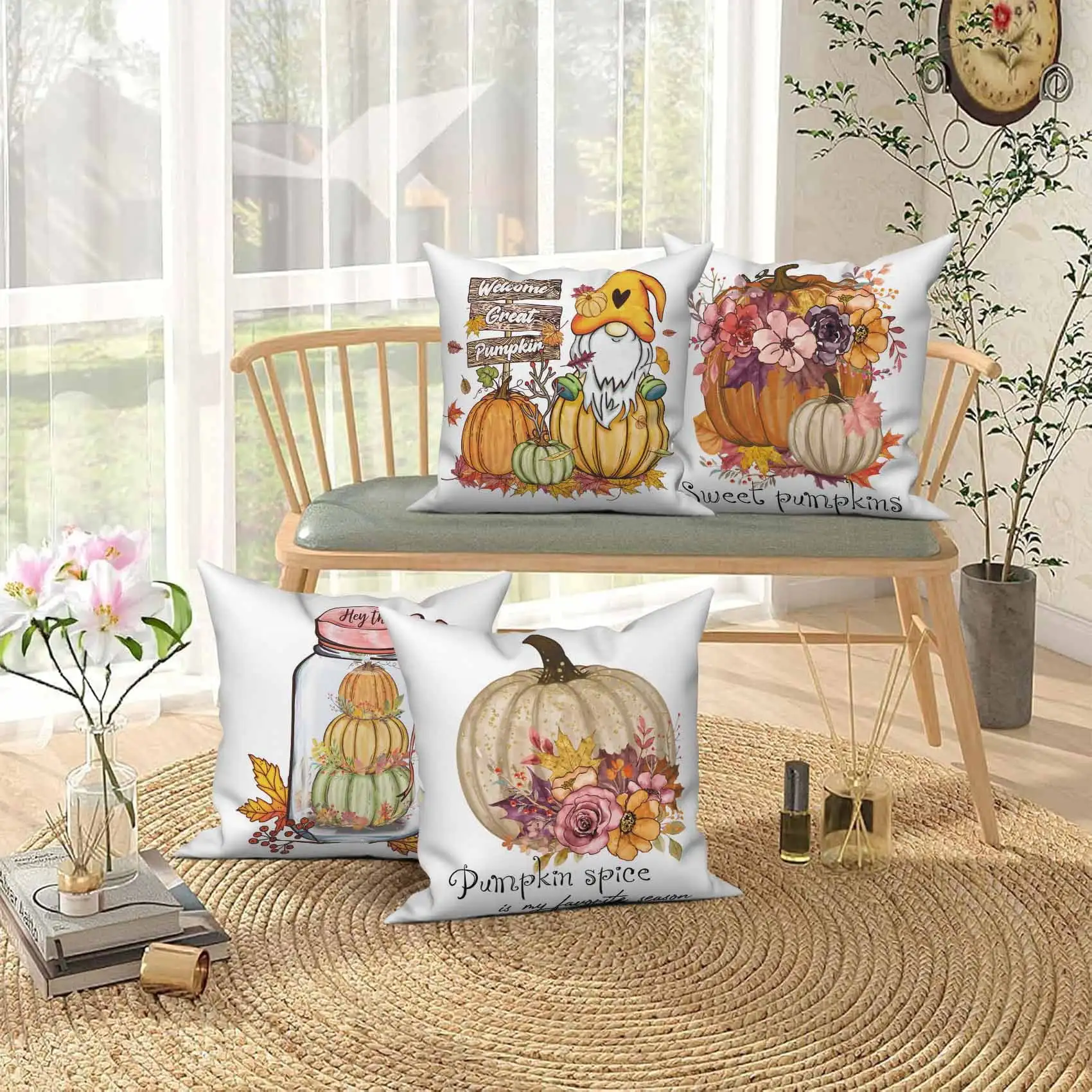Pbobriich Fall Throw Pillow Case 16x16 Inch Set of 4, Pumpkins Autumn Farmhouse Pillow Cover for Home Decor