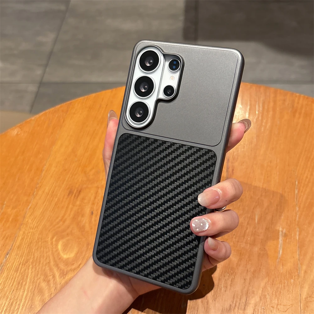 Carbon Fiber Wave Twill Pattern Phone Case for Samsung S26 S23 Ultra S25 Plus S24 FE Kevlar Metal Large Window Matte Black Cover