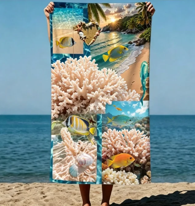 Tropical Beach Collage Beach Towel, Microfiber Sand Free Quick Dry, Marine Life Print, Soft Absorbent
