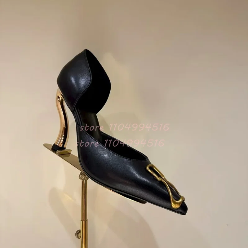 Metal Decor Black Suede Cover Heel Pumps Women Shallow Side Hollow Stiletto High Heels Sexy Pointed Strange Style Party Shoes