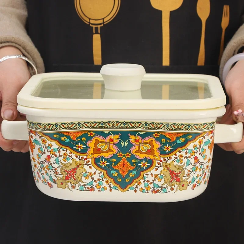 Olla cuadrada de 3.3L para guisos, sopa, fideos al horno y queso, con doble asa, esmaltada, con diseño floral y de pájaros vintage, color rojo, utensilio de cocina para el hogar