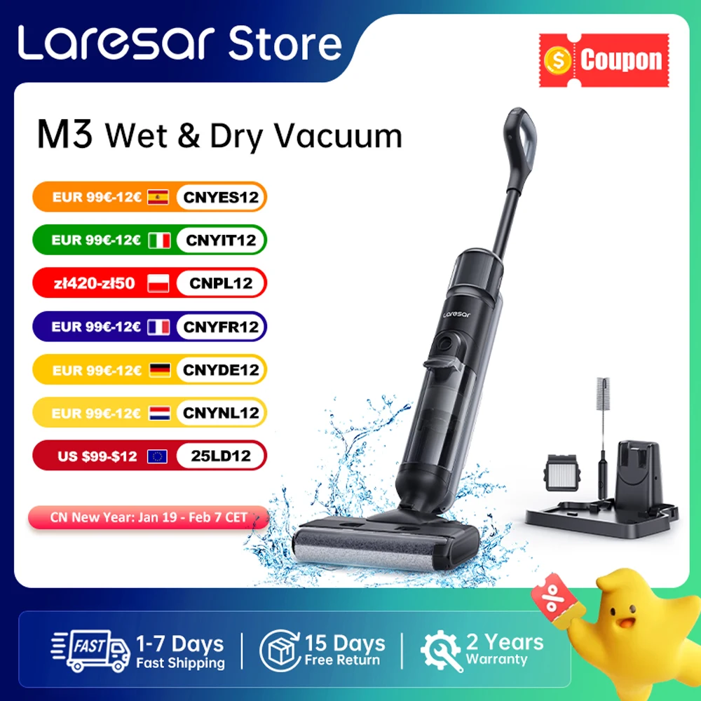 Laresar M3 Cordless Wet Dry Vacuum Cleaner Mop, Edge Cleaning 55min Auto Suction Floor Washer Self-Cleaning Smart Home Appliance