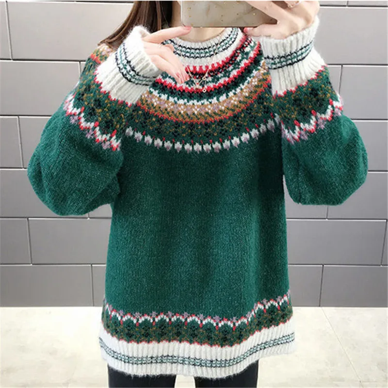 Autumn Winter New Sweater Women\'s Stitching Jacquard Round Neck Pullover Top Loose Fashion Commuter Knitted Female Clothing M356