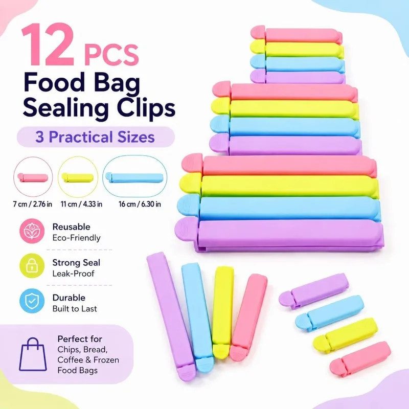 12 PCS Sealing Clips for Food and Snack Bag(2.75 in, 4.33 in, 6.29 in)