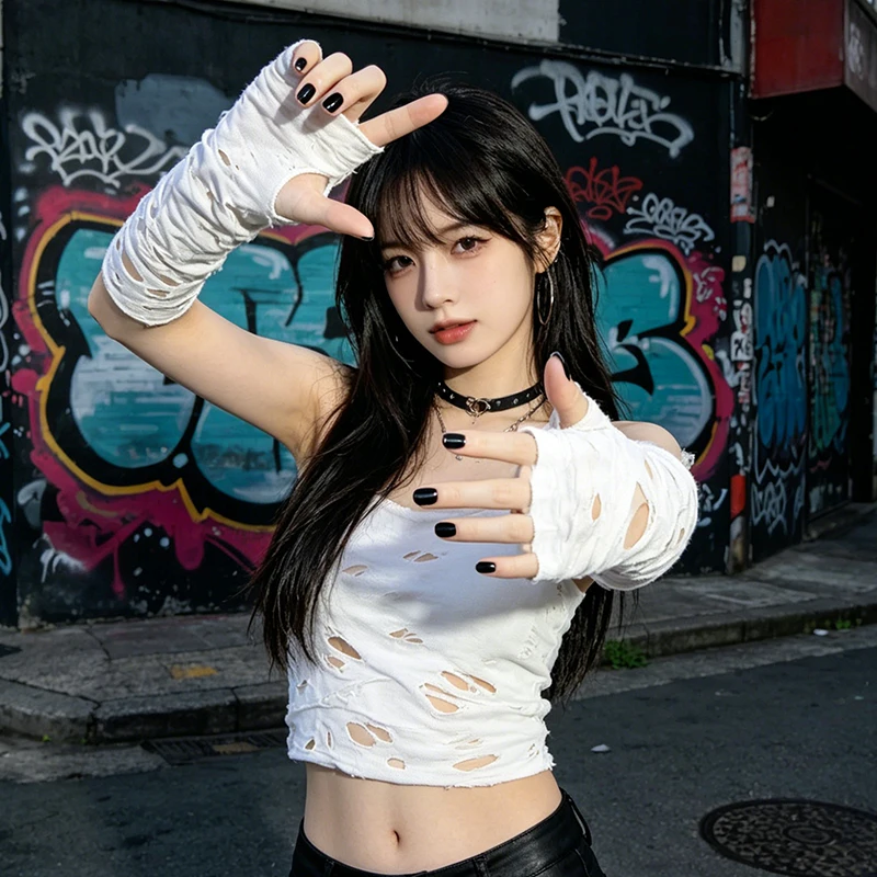 

One Pair Women White Fingerless Gloves Ripped Designed Harajuku Short Glove Y2K Girl Streetwear Ninja Casual Mittens 2026