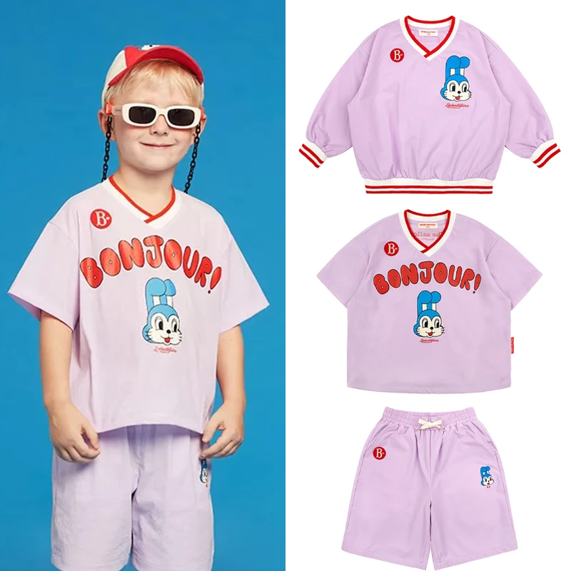 

2025 New Summer Children's Clothing Set Korean Boys' Purple Sunscreen Clothes Girl Rabbit Printed T-shirt Shorts Set