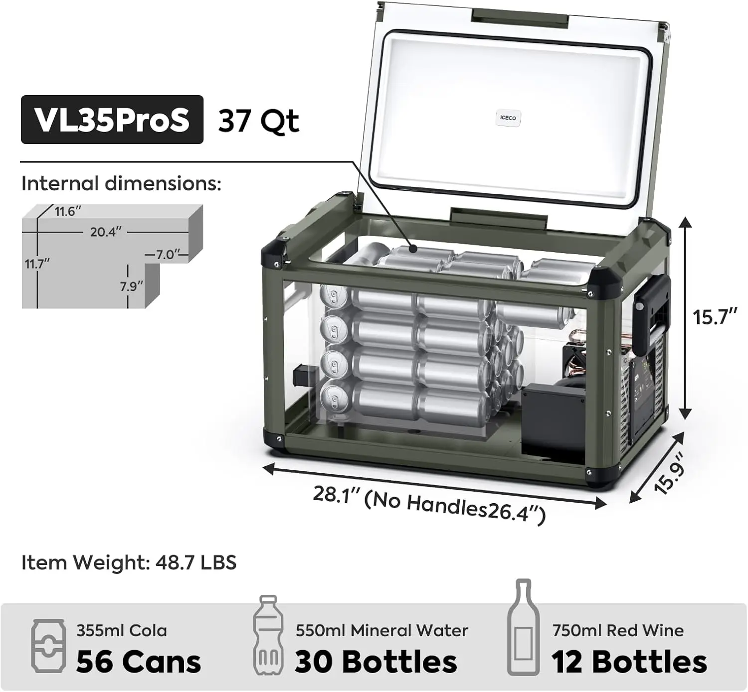 VL35 ProS 12V Refrigerator, Portable Fridge Freezer with SECOP Compressor, 35L Car Fridge Powered by AC/DC, 0℉-50℉, Electric