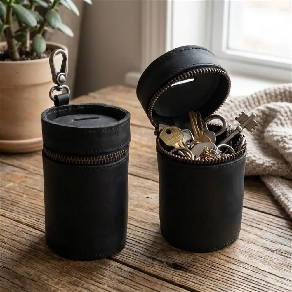 PU Leather Coin Storage Bank Cylindrical Handmade Car Interior Piggy Bank Portable Vintage Money Clip For Car Cup Holder