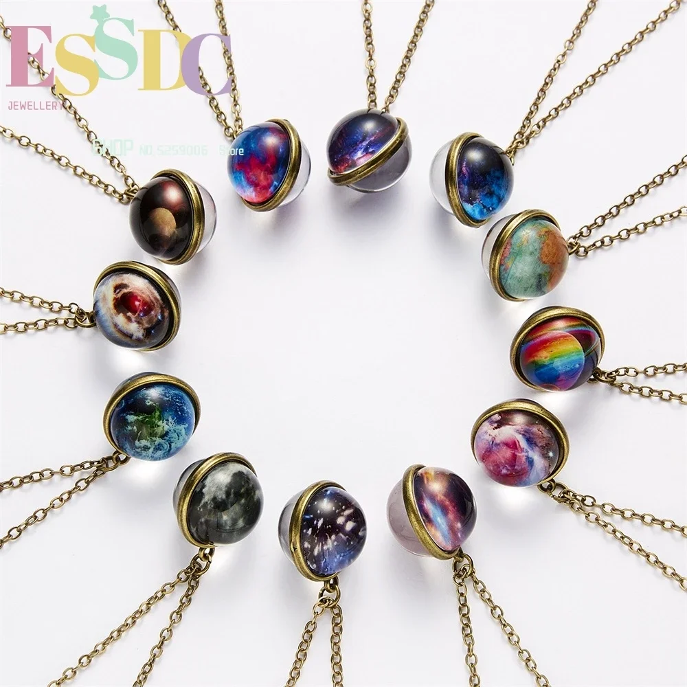 18mm Night Glow Double-sided Glass Sphere Pendant Nebula Galaxy Solar System Link Chain Necklace Universe Planet Jewelry Gift