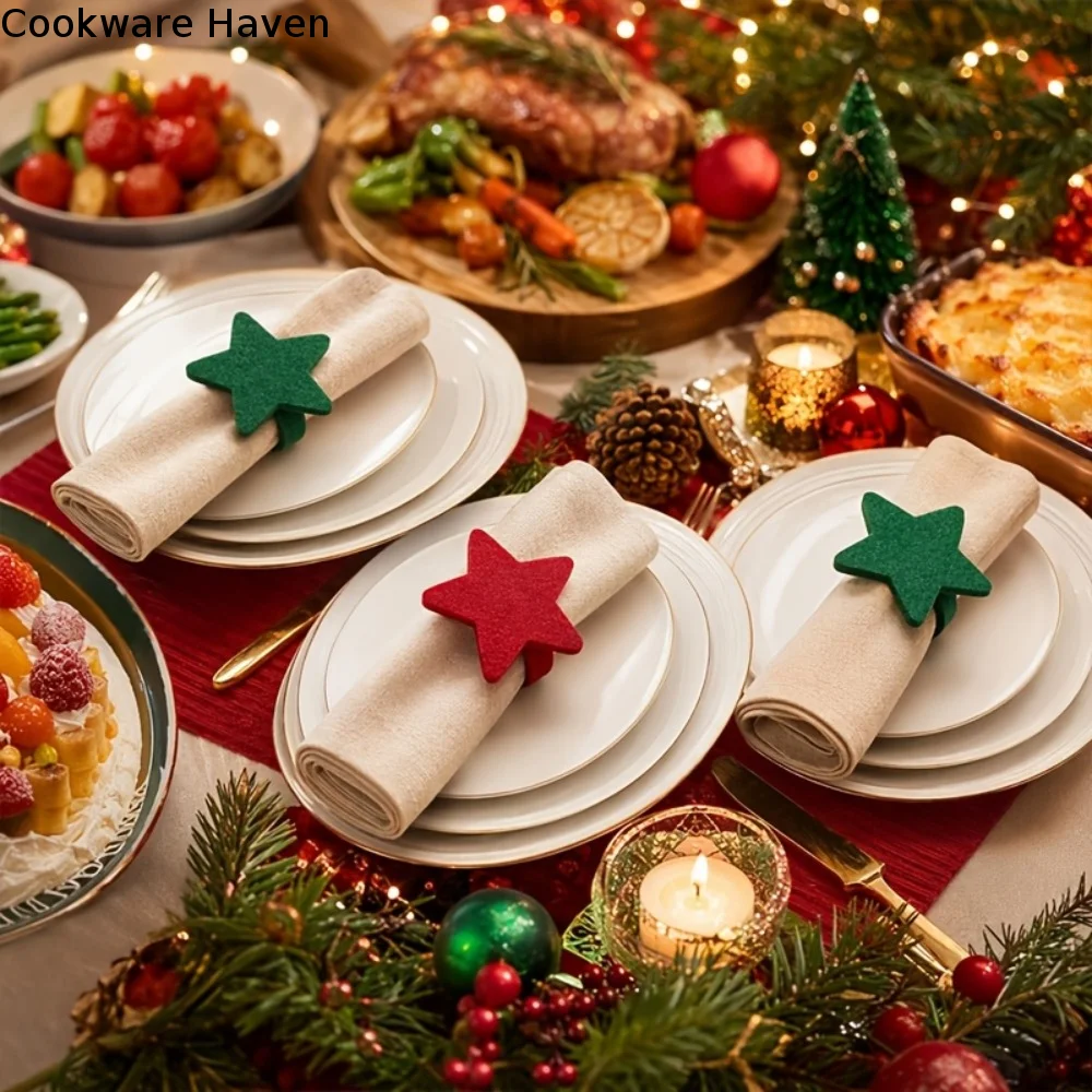 Felt Christmas Five-Pointed Star Napkin Ring Reusable Decorative Christmas Tree Napkin Holder Solid Color Napkin Buckle Banquets