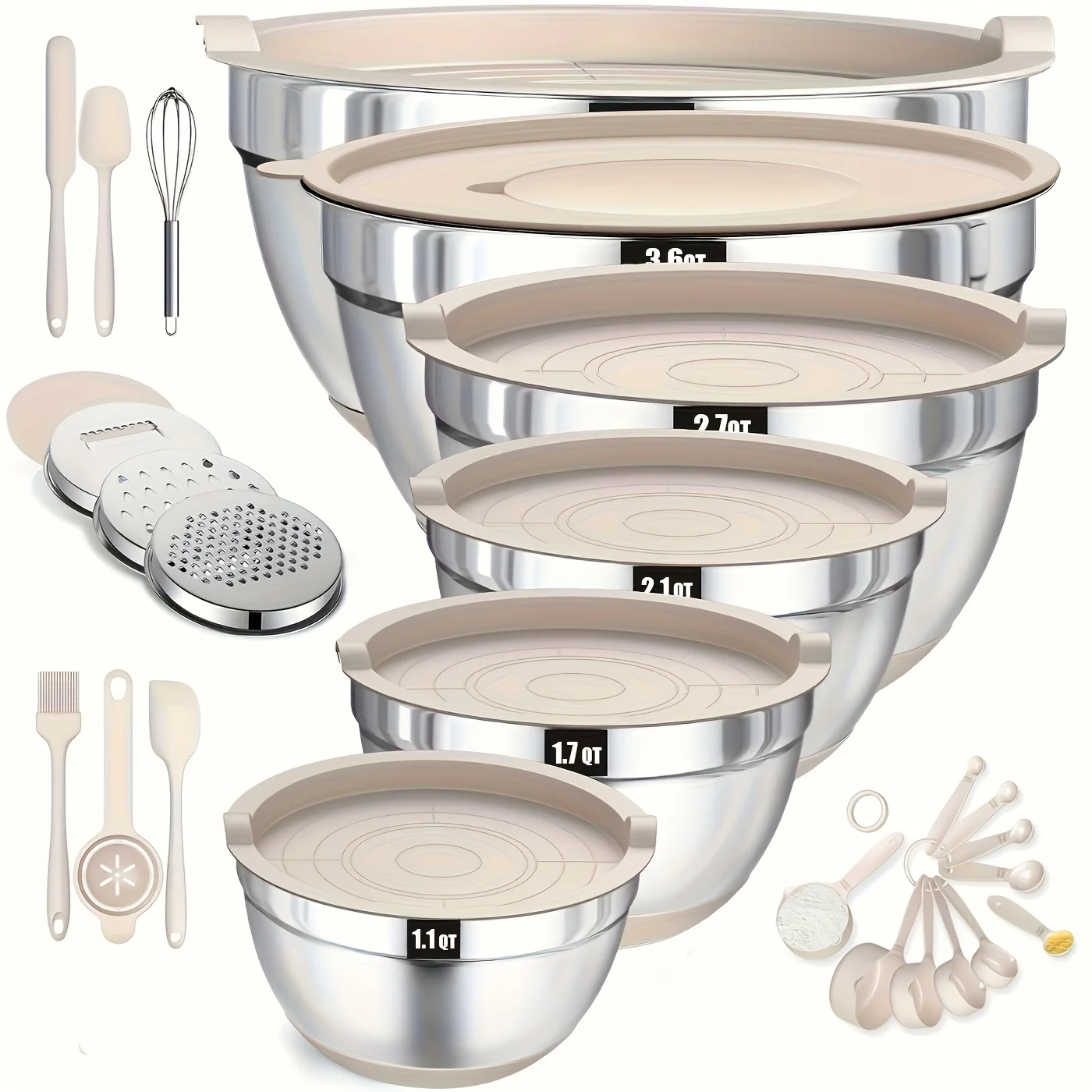 

usStainless Steel Mixing Bowl Set Of 26pcs, Including 6 Bowls+20 Kitchen Tools+3 Types Of Sharpening Heads+anti Slip Bottom, Sizes 7, 4, 2.5, 1QT, Suitable for Mixing And Storage, Very Suitable for Mixing And Bakingd