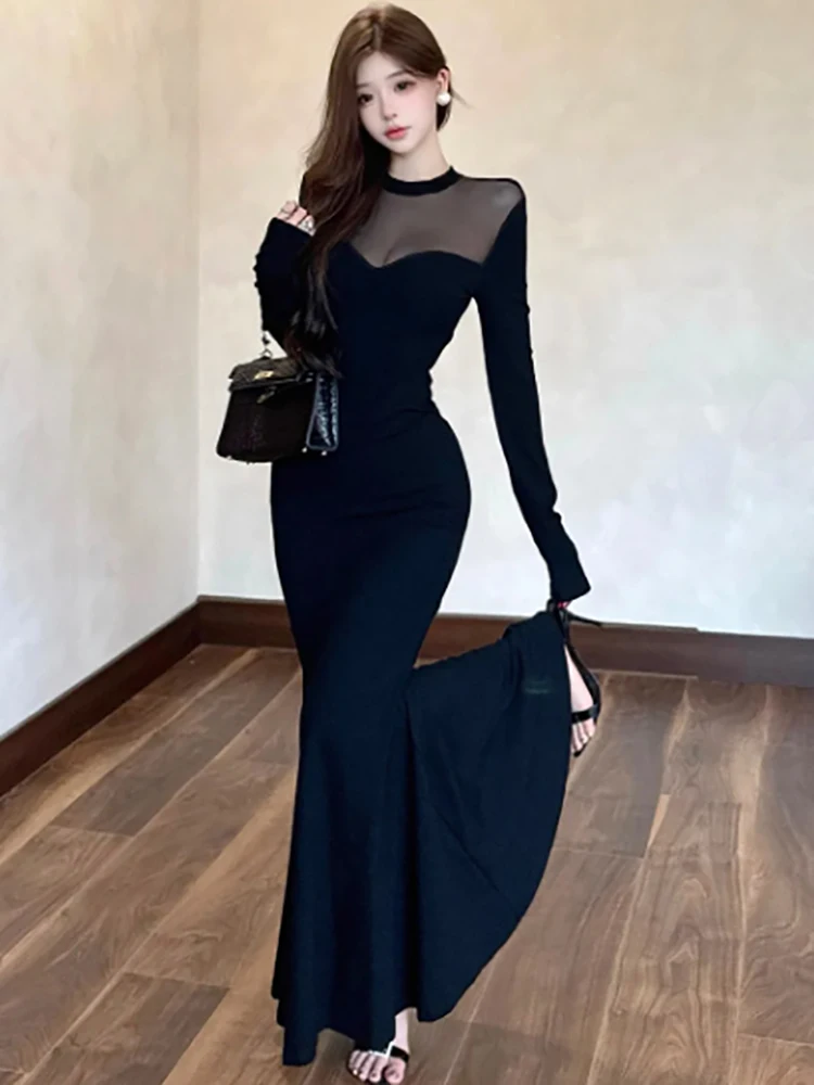 2025 Zwart Patchwork Mesh Sheer Sexy Club Jurk Vrouwen Lange Mouw Bodycon Avondjurk Zomer Koreaanse Luxe Festival Prom Dress