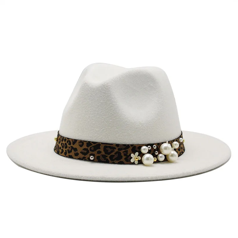 

Leopard Printed Pearl Woolen Top Hat For Men And Women Fedora Hat Autumn And Winter Wild Felt Cap Flat Brim Top Hat