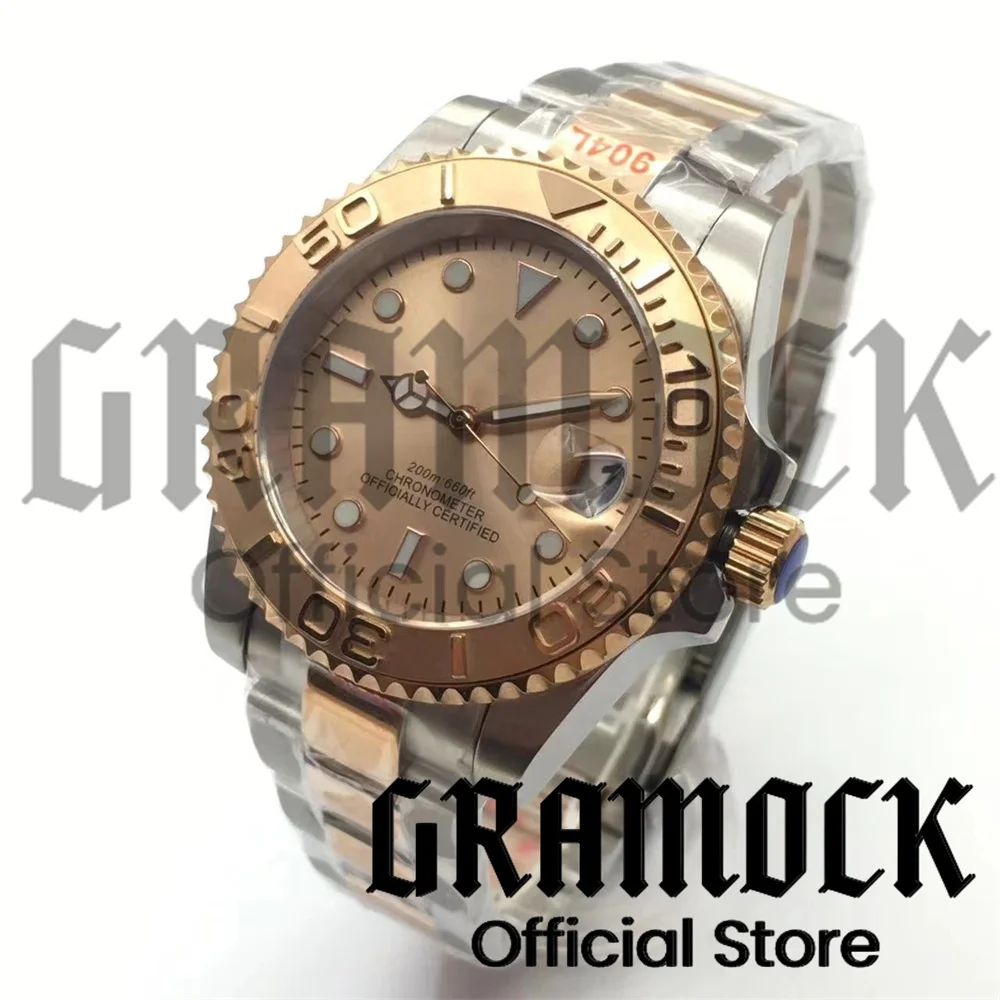 

Gramock Luxury NH35 MIYOTA 8215 PT5000 Automatic Men Watch Full Rose Gold Bracelet Gold Sunburst Dial Sapphire Glass Waterproof