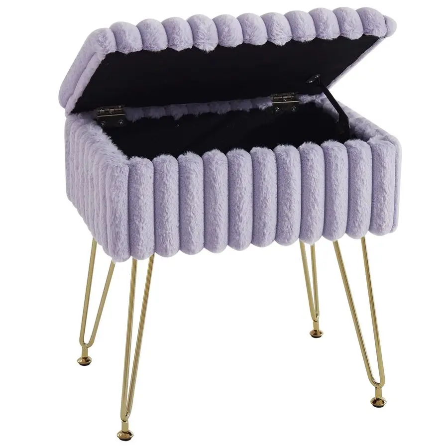 

Vanity Stool Chair with Storage, Faux Fur Stools for Vanity Makeup, Foot Stool Ottoman with 4 Metal Legs, Small Vanity Bench Se