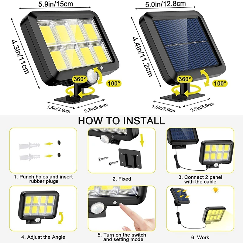 Imagem -05 - Impermeável Solar Wall Light com Sensor de Movimento ao ar Livre Pir Cob Luz Solar Emergência Street Security Lamp For Garden