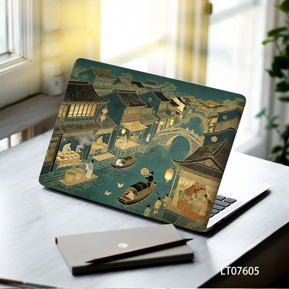2PCS Riverside Scene at Qingming Festival Laptop Skin Sticker, Chinese Ancient City Art Decal Cover for Macbook HP Dell Lenovo