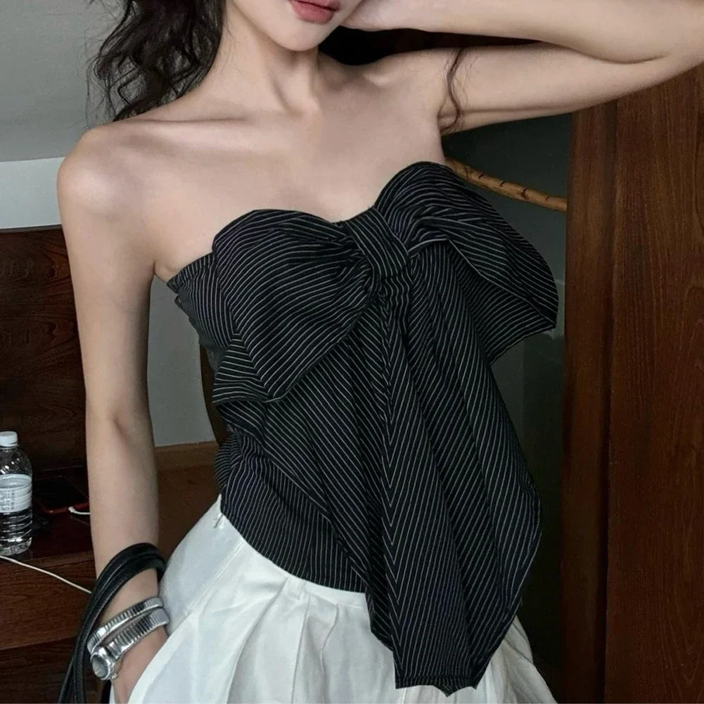 Gilet à la mode avec détail de nœud, gilet à la mode, Style fille chaude, haut rayé avec nœud noir, vêtements de vacances, tout neuf, usage quotidien