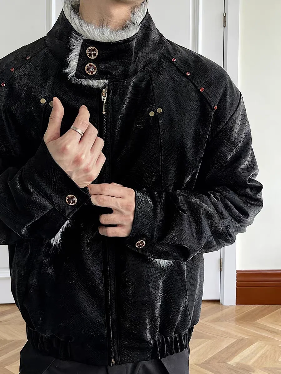 

Premium Feel Snowy Silver Heavyweight Wolf Fur Jaet Men Women Winter Snake Texture Cotton Jaet Outerwear Trendy