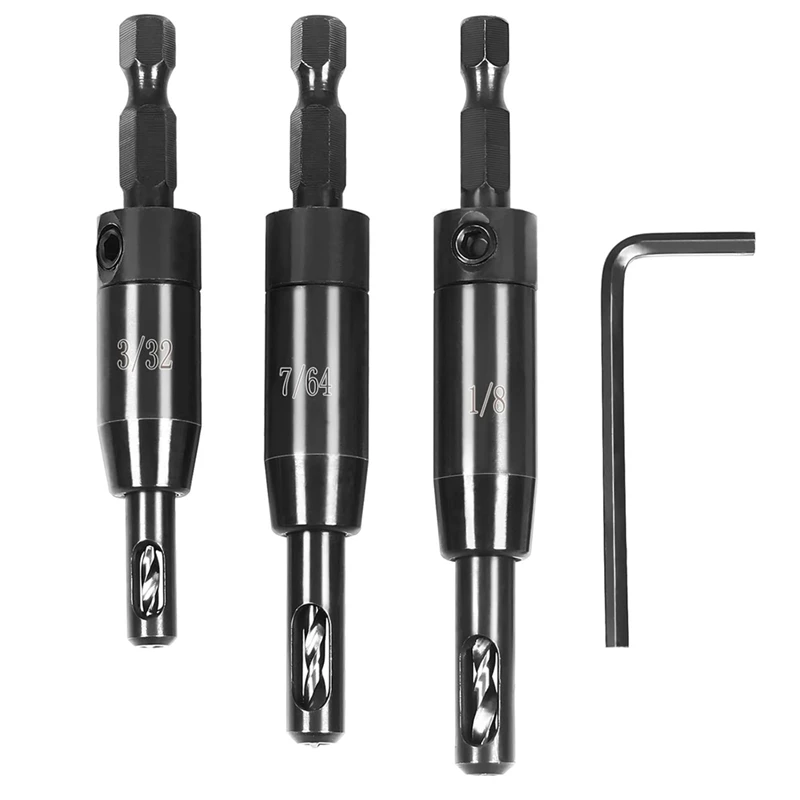 ABJI-3 PCS Zestaw wierteł samocentrujących 3/32 cala, 7/64 cala, 1/8 cala, wiertło VIX, samocentrujące wiertło do zawiasów