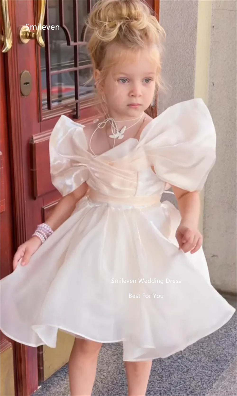 Smileven Ivory Short Ball Gown Girl Flower Dress Off Shoulder Puff Sleeve Backless Birthday Dresses Bow Lace Up Gowns Customized