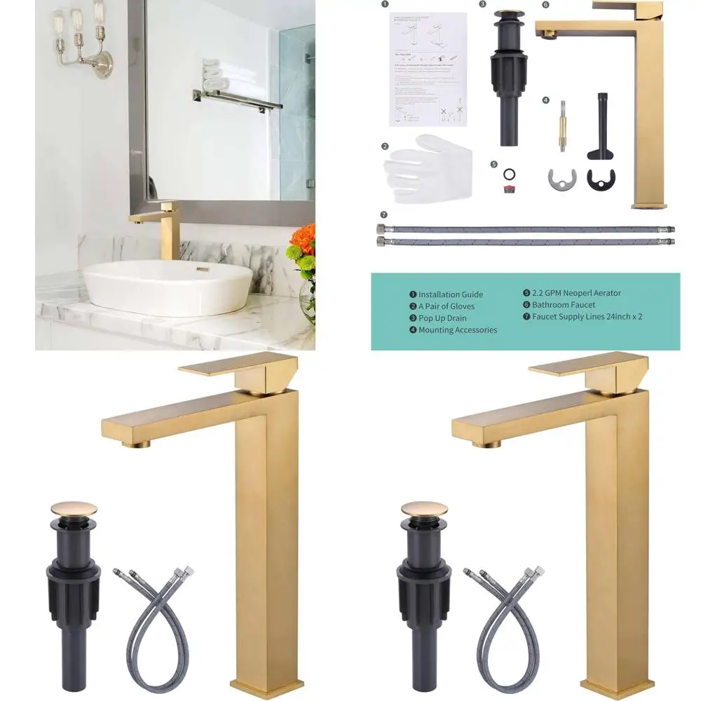 

Single Handle Brushed Gold Tall Bathroom Faucet with Pop-Up Drain and Supply Lines