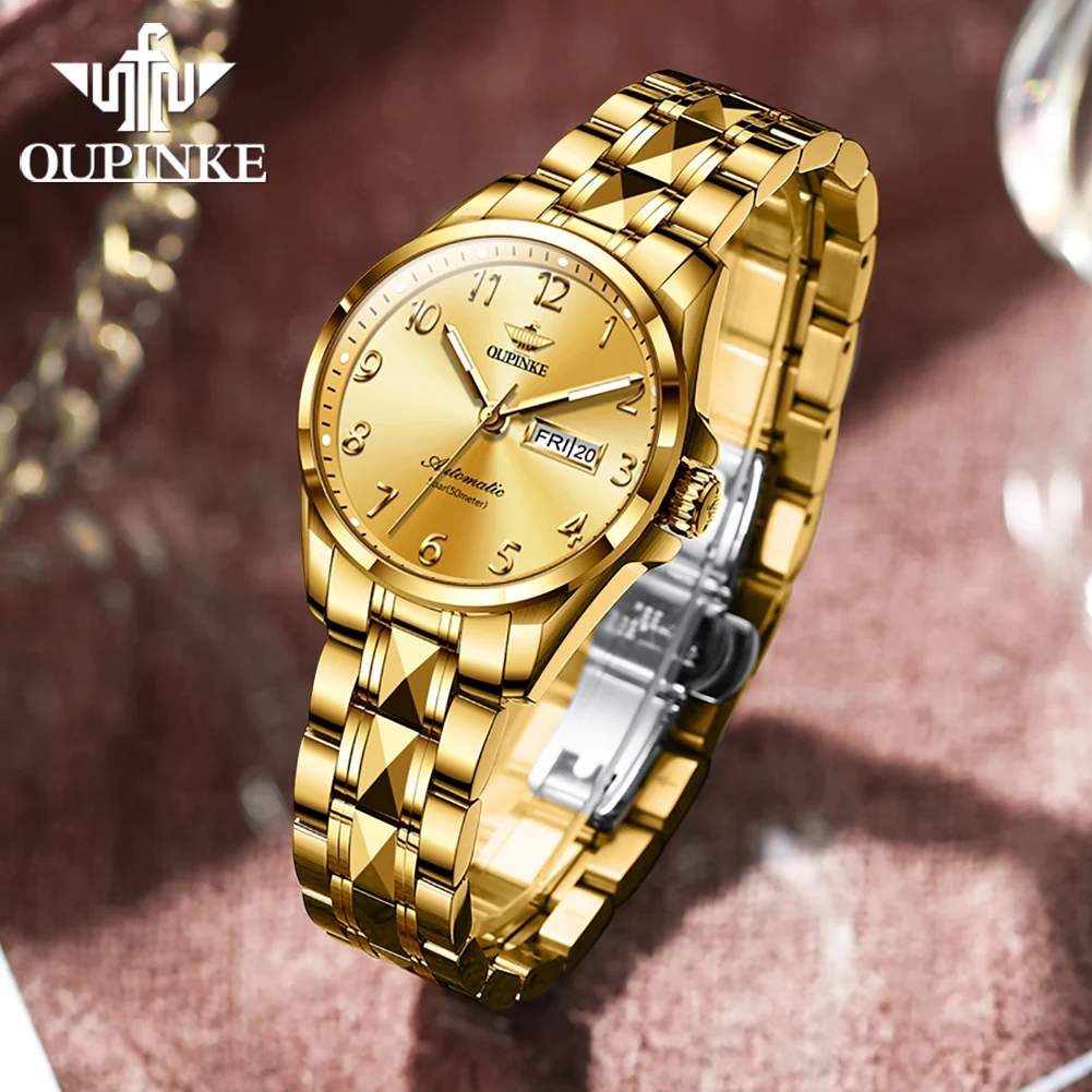 OUPOINKE Original Luxury Brand Couple Watch Gold Tungsten Steel Strip Waterproof Fully Automatic Mechanical Watch Week Calendar