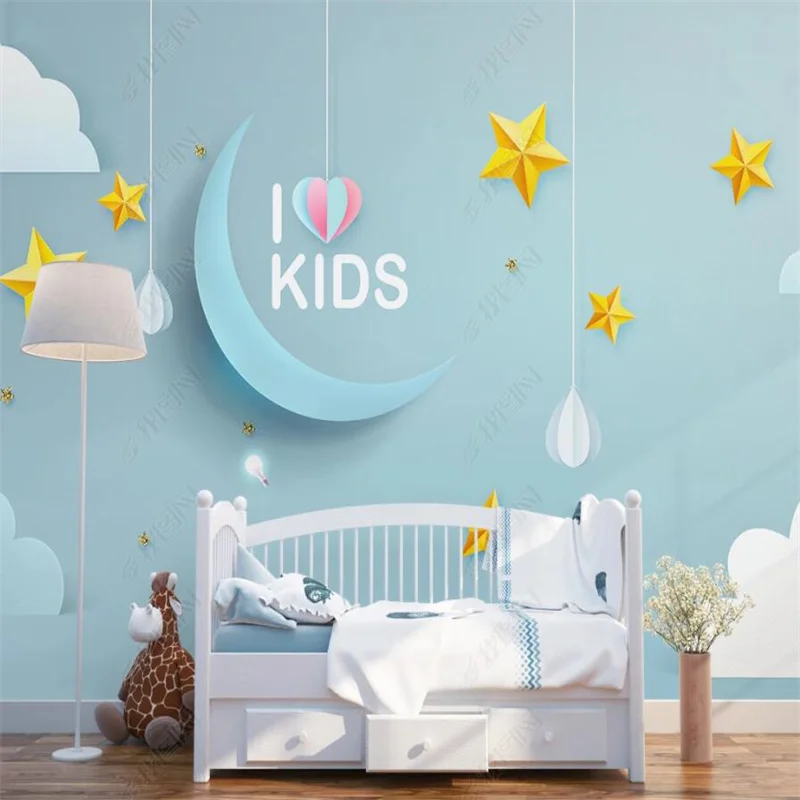 

Nordic Pink Starry Sky Clouds Moon Children's Room Custom Mural Home Decor Modern Wallpaper Blue Kids Room 3D Photo Wall Paper