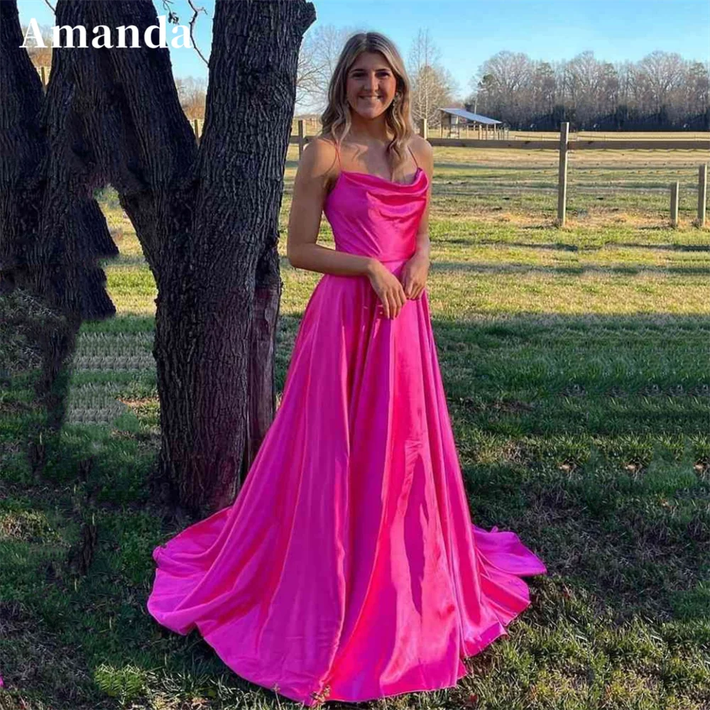 

Amanda Elegant Fuchsia A-line Prom Dress 2023 Simple Side Split Vestidos De Noche Spaghetti Straps Silk فساتين مناسبة رسمية