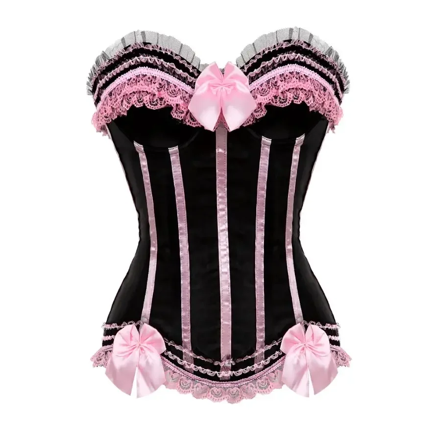 Corset Top Plus Size Women Bustier Overbust Sexy Lace up Zipper Satin Lingerie Vintage Victorian Fashion Black Red