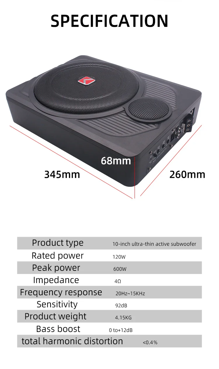 New List 10 Inch 600W Auto Under Seat Thin Active Subwoofer  SPL  Amplifier Subwoofer for Car
