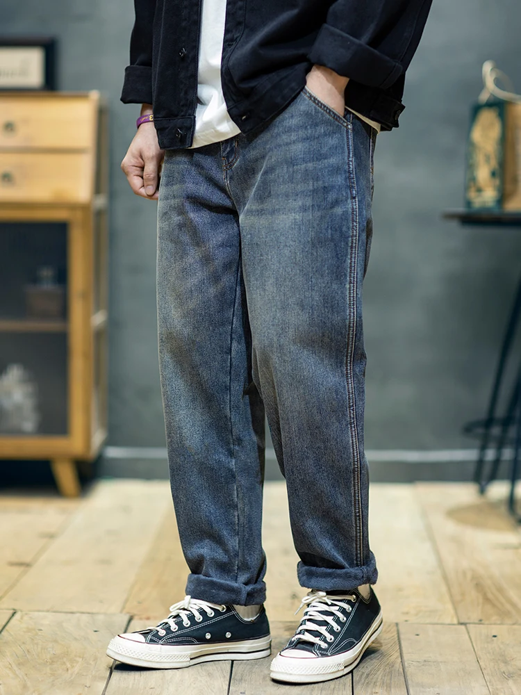 American Retro Workwear Jeans Loose Casual Men's Straight Leg Large Size Spring Autumn Long Trousers Youth Fashion Cotton Denim