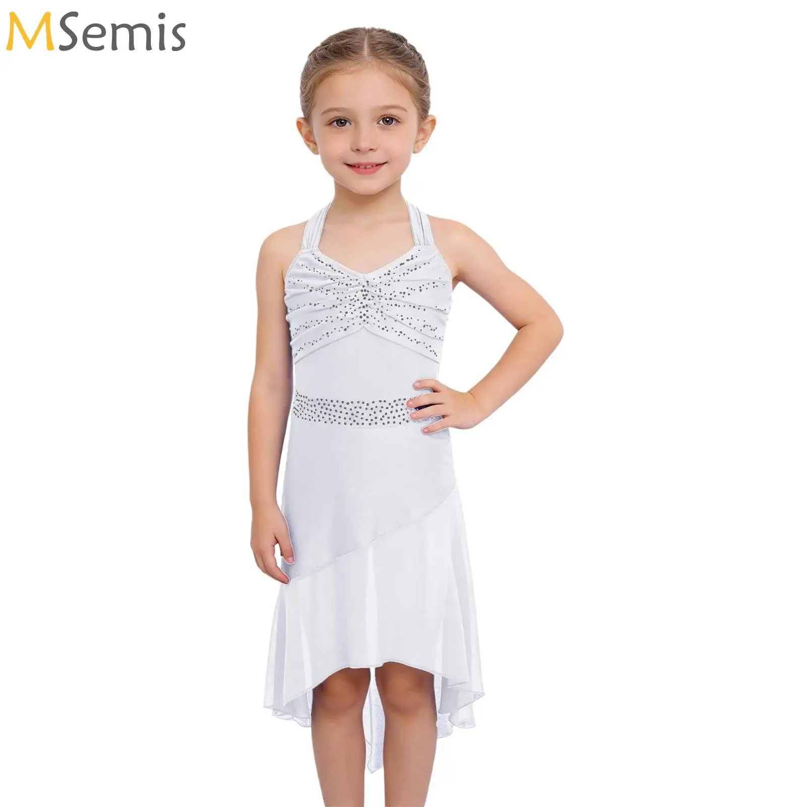 

Kids Girls Latin Dance Dress Shiny Rhinestones Ruched High-Low Chiffon Dress for Ballet Lyrical Modern Performance Competition