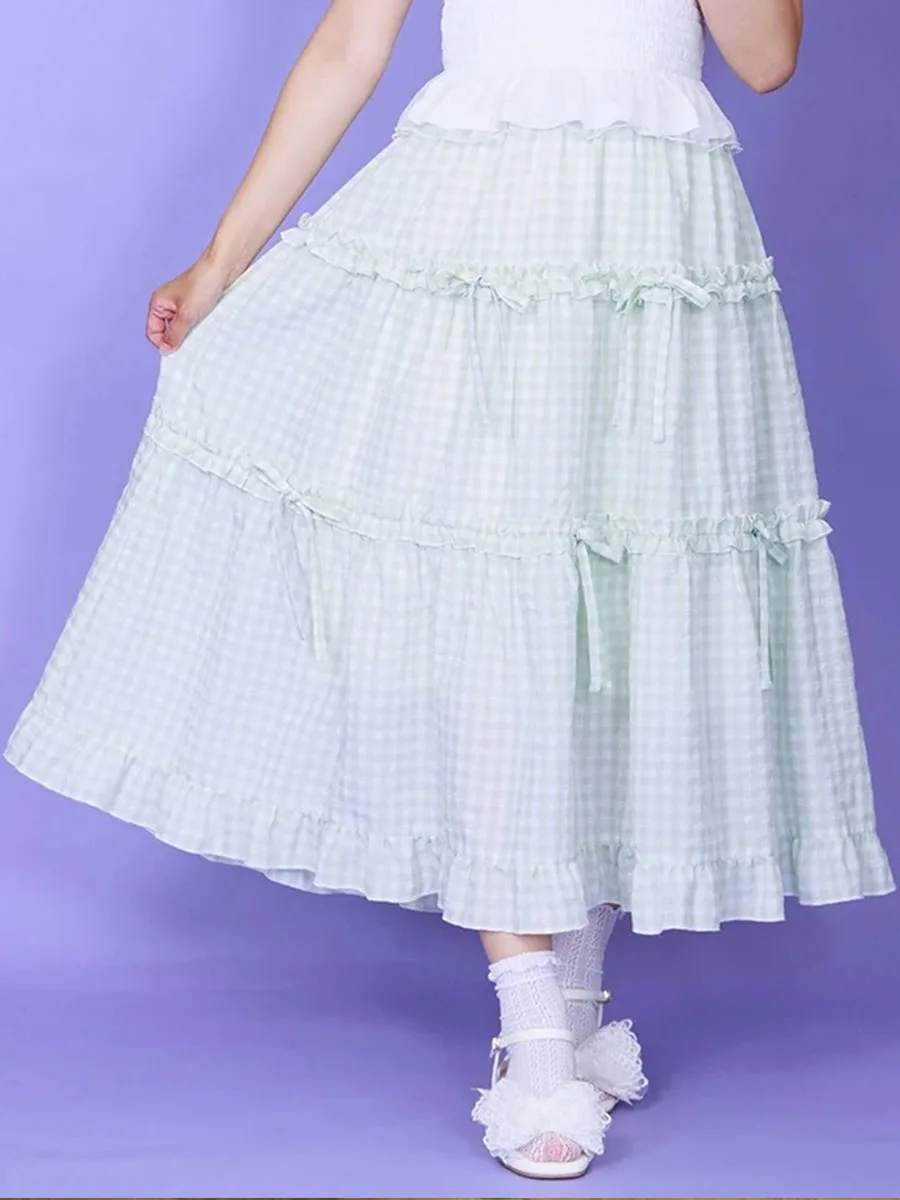 Słodka japońska spódnica w kratę z kokardą i wzorem ciasta, spódnica midi w kształcie litery A z średnim stanem dla młodych kobiet, Axes Femme