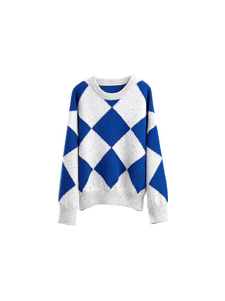 Pure Wool Blue And White Diamond Pattern Long Sve round Ne Loose Fit Sweater Casual Sle Online Exclusive for Women