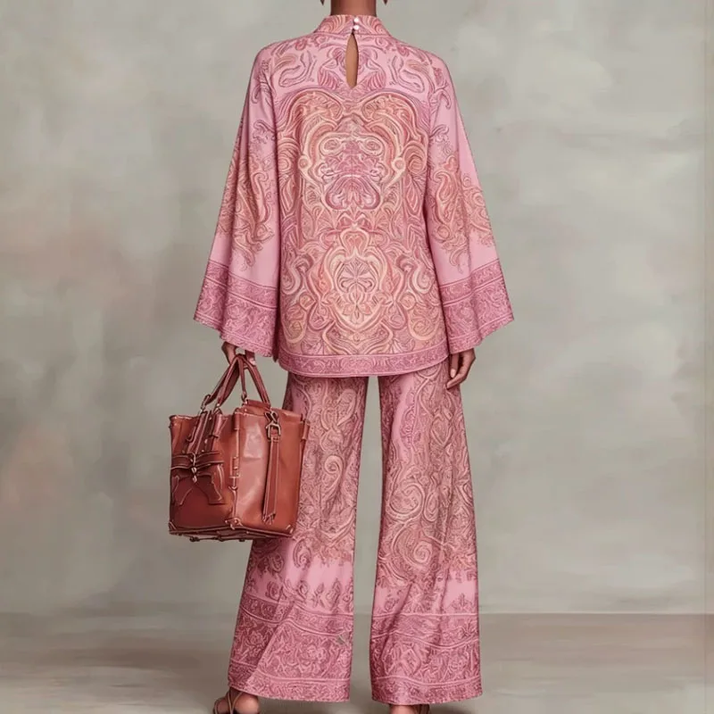 Women Flare Sleeve Printed 2 Piece Sets Stand Collar Loose Blouse High Waist Wide Leg Pants Suit Boho Solid Resort Casual Outfit image 5