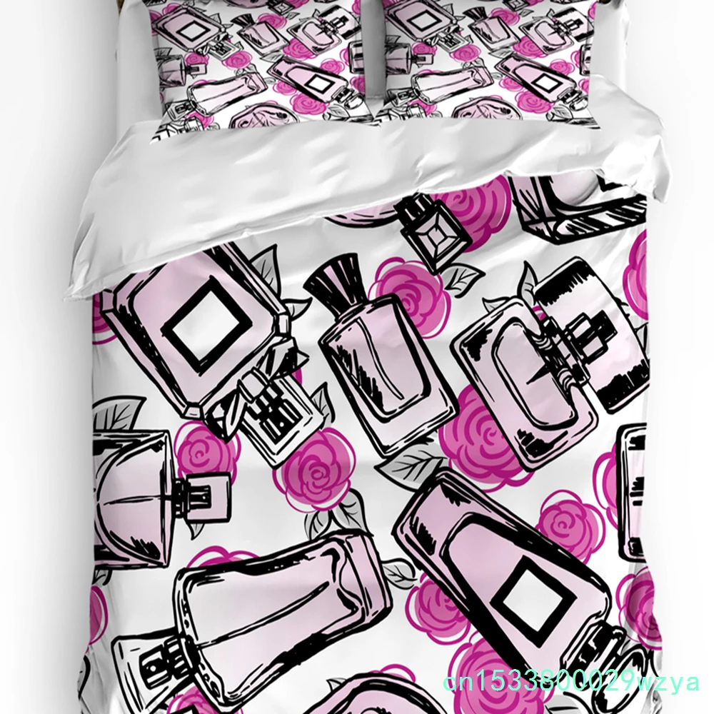 Pink Perfume Bottle Rose Flower Bedding Set 3pcs Duvet Cover Pillowcase Kids Adult Quilt Cover Double Bed Set Home Textile