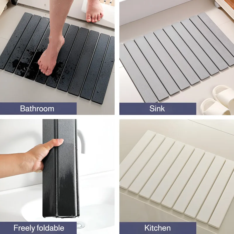 Folding Diatomaceous Earth Bath Mat, Ultra Absorbent Quick Dry Bathroom Floor Rug Non Slip Shower Mat Easy Cleaning Home Pad