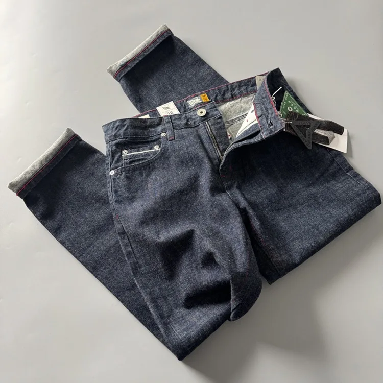 Jeans in denim con cimosa da uomo in cotone 100% per tutte le stagioni - Pantaloni dritti standard grezzi effetto lavato pesante vintage americano