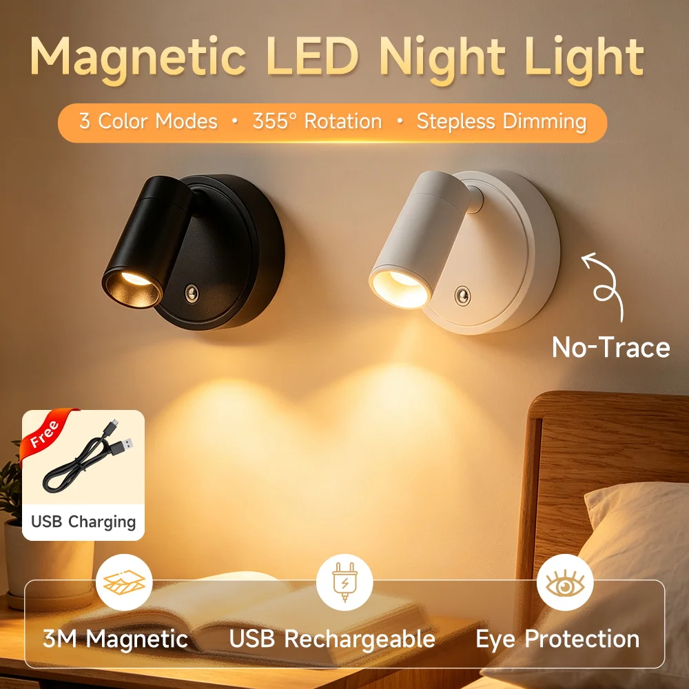USB Rechargeable Wireless LED Wall Light Cordless Lamp Touch Dimmable Spotlight Magnetic For Bedroom Bedside Reading Type-C